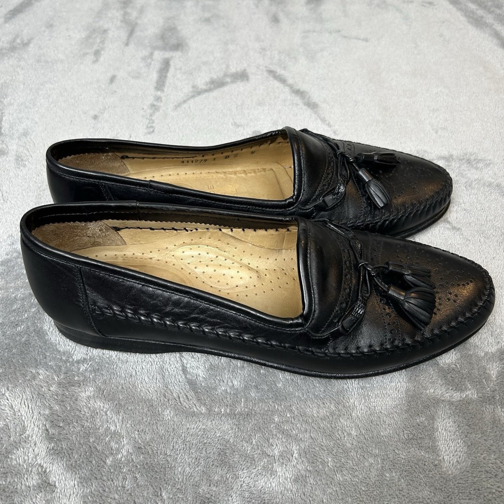Santoni Tassel Loafers Mens US 9D Black Leather Moc Toe Slip On Dress Shoes